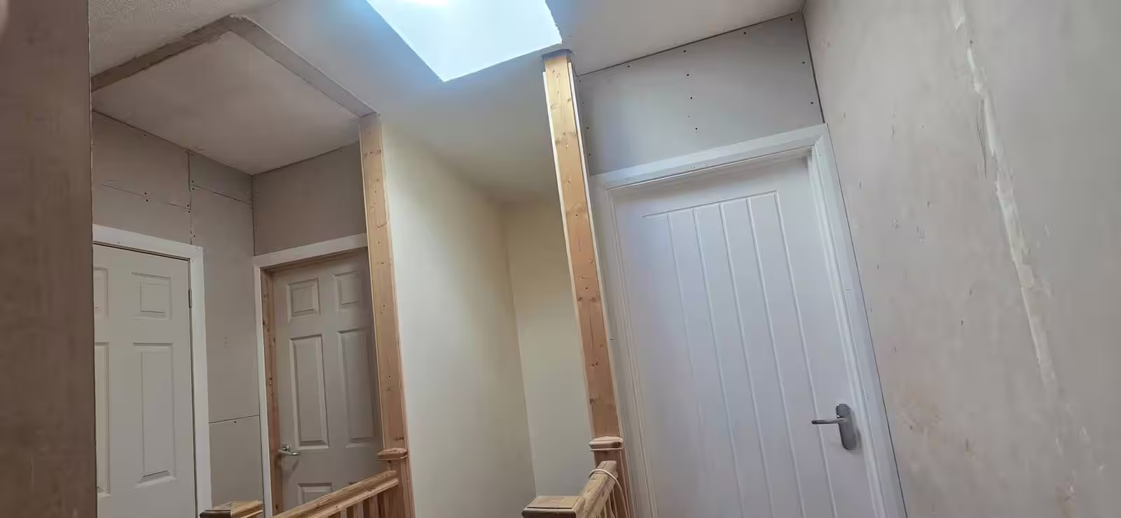 Landing boarded out with the joints filled, before skimming